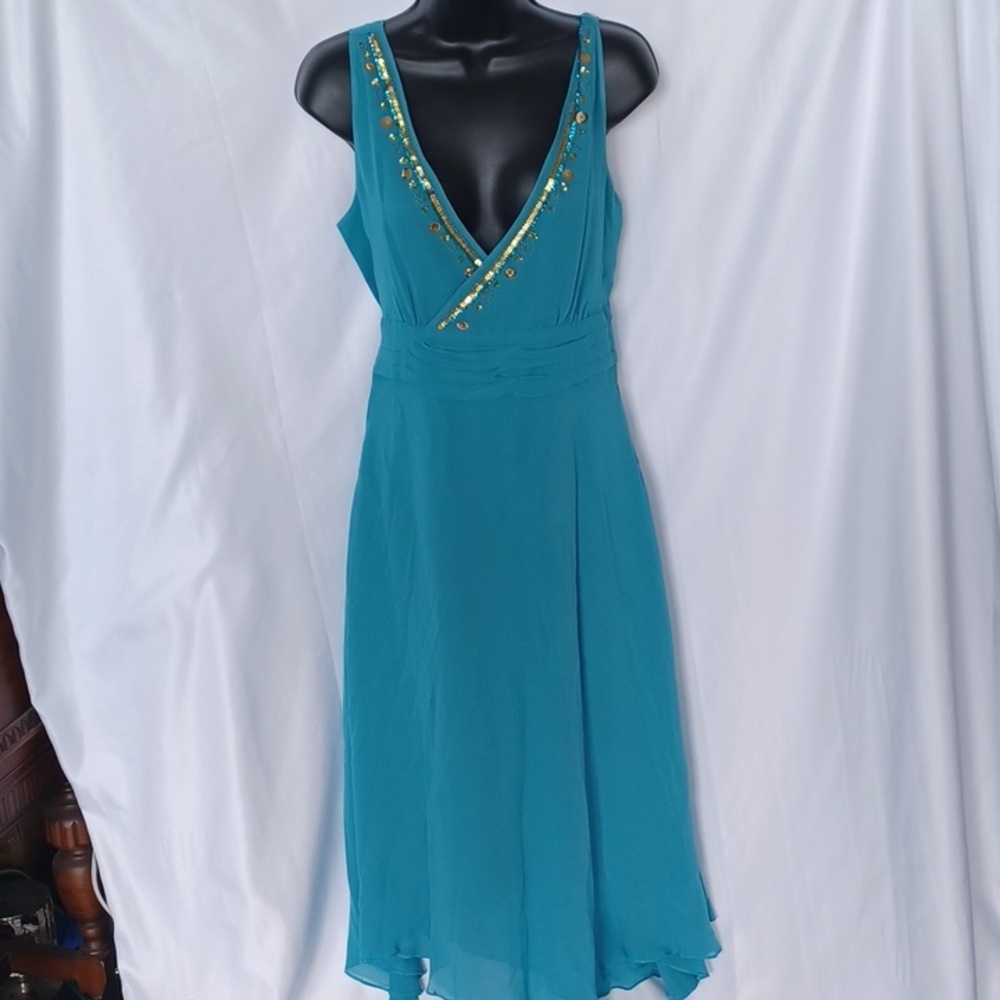Vintage Together cocktail dress, turquoise,  gold trim, side zip